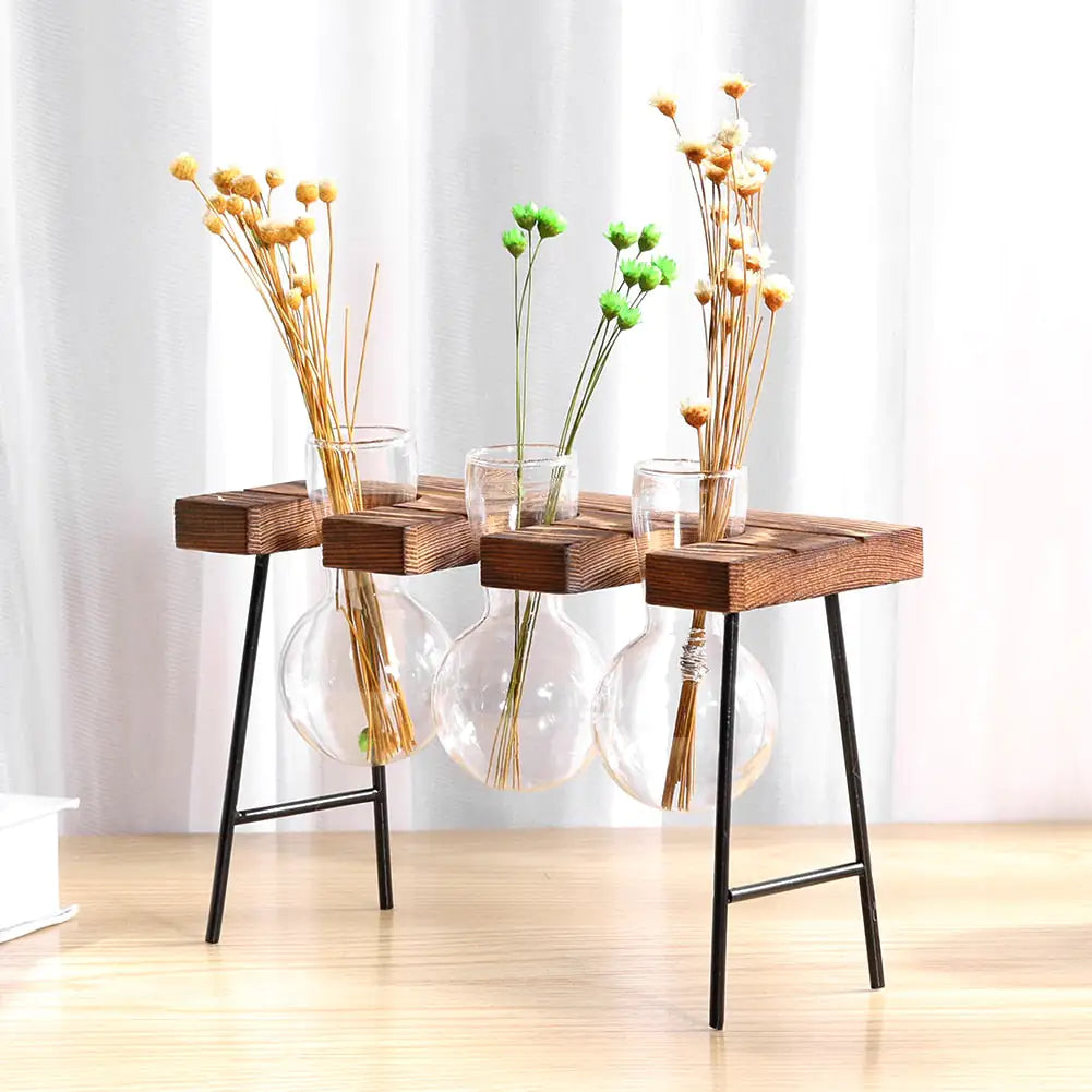 Glass and Wood Vase Planter Table DesktopBring the beauty of nature indoors with our Glass and Wood Vase Planter Table Desktop, a stylish fusion of glass, wood, and greenery.🌿 Dual Material Design: CombineModernModernWood Vase Planter Table Desktop